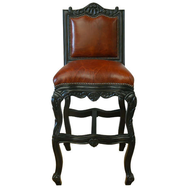 Front view of Conquistador II bar stool with darker cowhide and ornate carvings