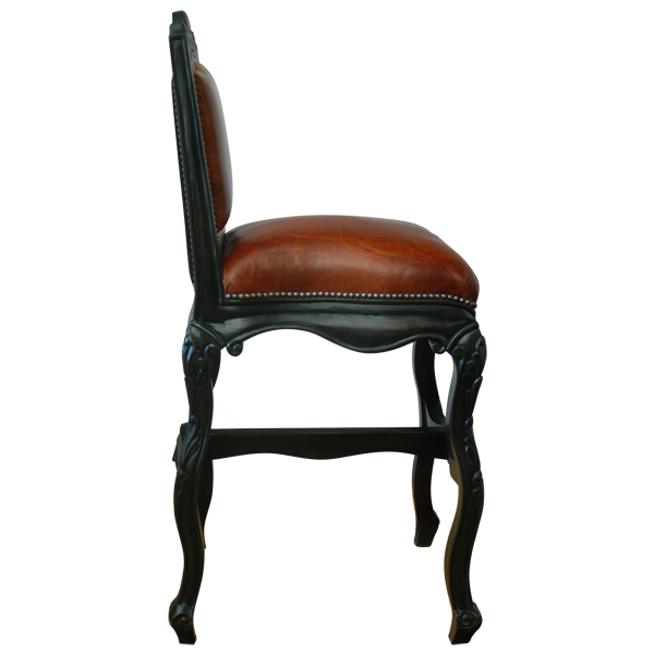 Side view of Conquistador II bar stool showing cabriole leg and carved rim details