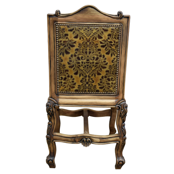 Rear view of Conquistador III bar stool with colonial-style leather and carved crest