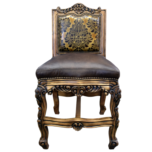 Front view of Conquistador III bar stool with colonial-style leather and Old Spanish Brown finish