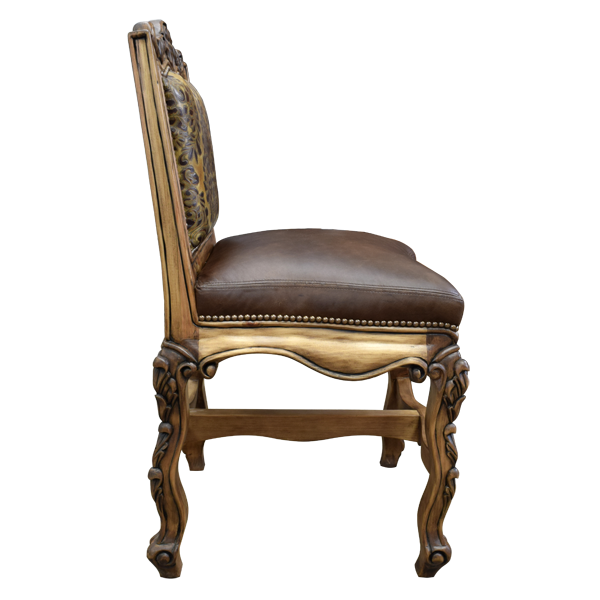 Side view of Conquistador III bar stool with carved rim and shell-accented stretcher