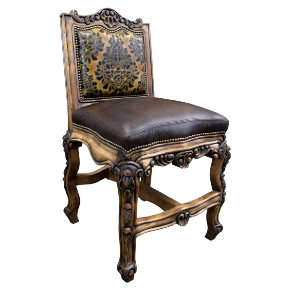 Three-quarter angle of Conquistador III bar stool showing carved crest and cabriole legs