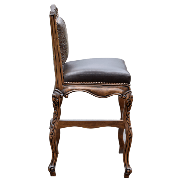 Side view of Conquistador 4 bar stool showing gilt nails and foliate carvings on cabriole legs