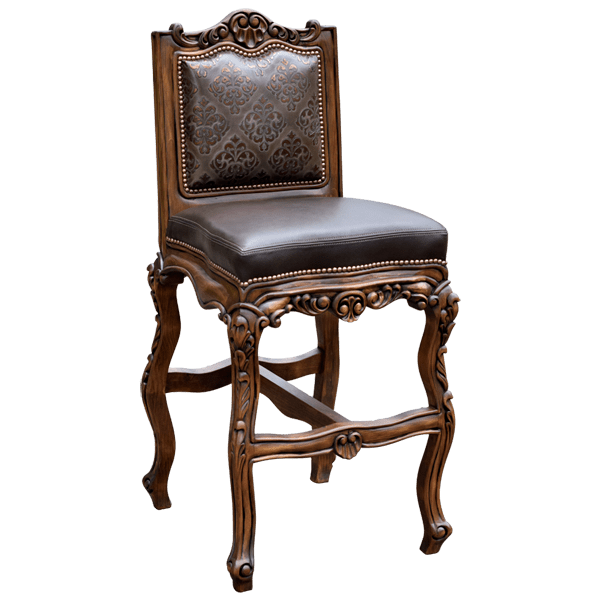 Three-quarter front view of Conquistador 4 bar stool with chocolate brown seat and carved scroll accents
