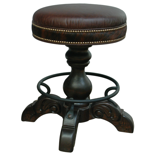 Detail view of El Matador Bajo bar stool showing hand-carved wood, forged iron ring, and mixed leather upholstery