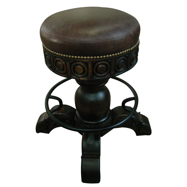Top view of El Matador Bajo 4 bar stool with smooth leather seat, carved wood frame, and forged iron footrest