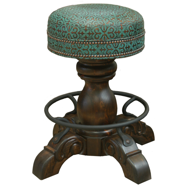 Front view of El Matador Bajo 6 bar stool with tooled turquoise leather and carved pedestal