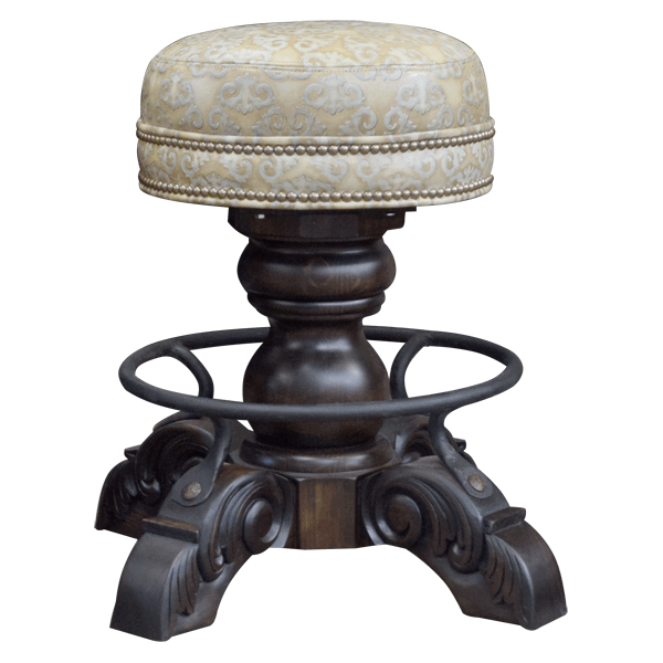 Front view of El Matador Bajo 12 bar stool with embossed white leather seat and robust carved pedestal