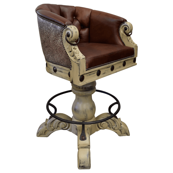 Semi-frontal view of La Rocca 18 bar stool showing carved wood details and ergonomic backrest