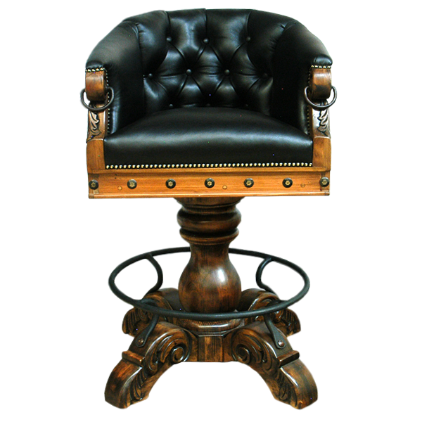 Front view of La Rocca Elegante bar stool with tufted leather seatback and carved armrests