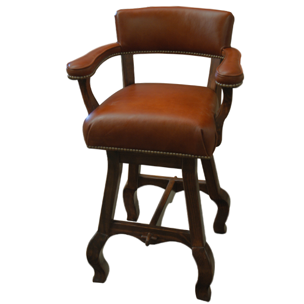 Three-quarter top front view of Rio Grande bar stool with full grain leather and carved wood base