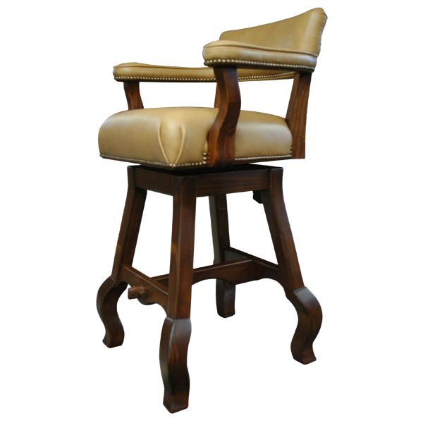 Semi-frontal view of Rio Grande 2 bar stool showing curved armrests and smooth leather finish