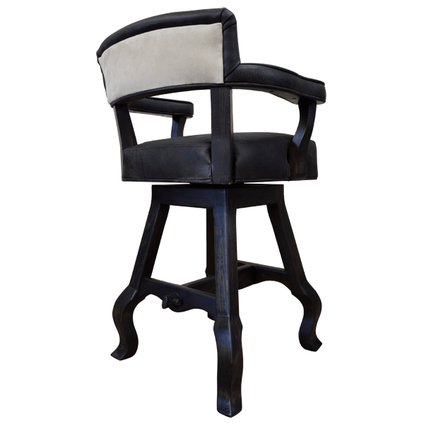 Three-quarter rear view of Rio Grande 3 bar stool with hand-tacked leather and carved wood base