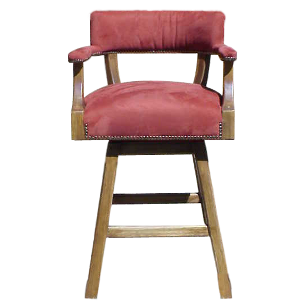 Front view of Barra bar stool with red suede upholstery and splayed wood legs