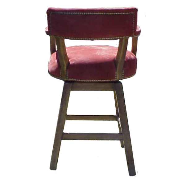 Rear view of Barra bar stool showing full red suede backrest and custom wood frame