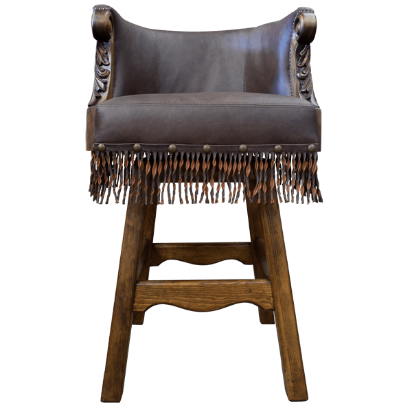 Front view of Buffalo bar stool with button tufted leather and hand-tacked fringe detailing