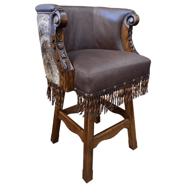 Semi-frontal view of Buffalo bar stool showing ornate armrest carving and leather fringe accents