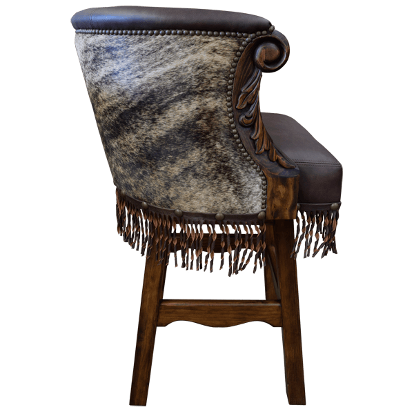 Side view of Buffalo bar stool with padded seat, carved armrest, and curved footrest stretcher