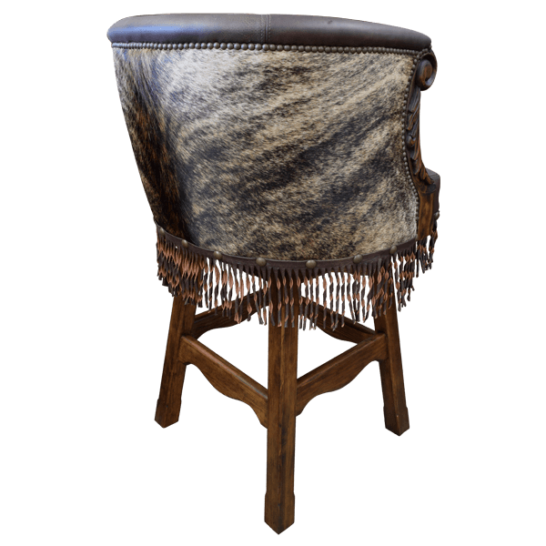 Three-quarter rear view of Buffalo bar stool with cowhide leather back and splayed wood legs