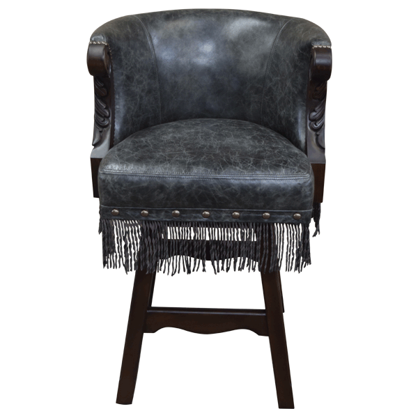 Front view of Buffalo 2 bar stool with gray full grain leather and hand-tacked fringe