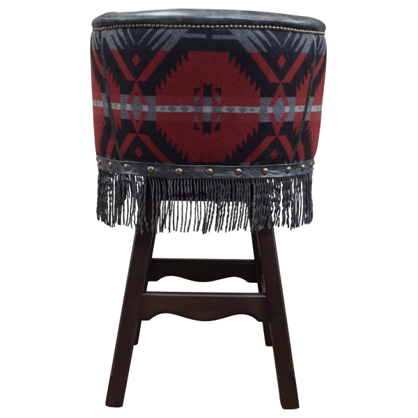 Rear view of Buffalo 2 bar stool with Indian blanket fabric and gray leather fringe