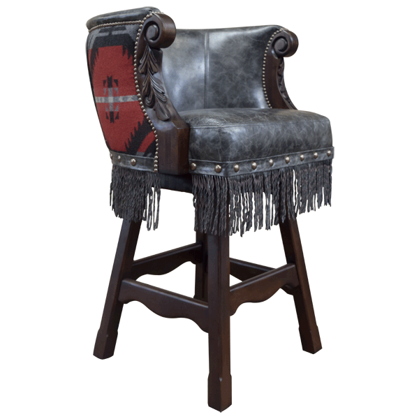 Semi-frontal view of Buffalo 2 bar stool showing Indian blanket fabric back and carved wood details