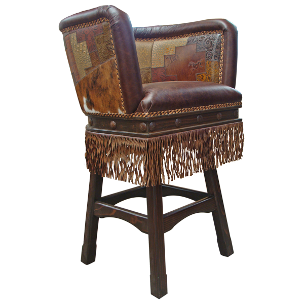 Semi-frontal view of San Miguel bar stool showing carved armrests, spiral cord detail, and leather fringe