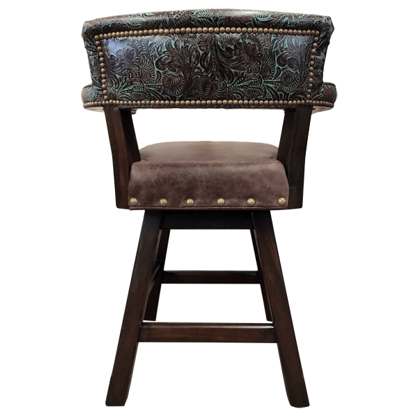 Back view of Barra 8 bar stool with turquoise leather backrest and precision-tacked gilt nails
