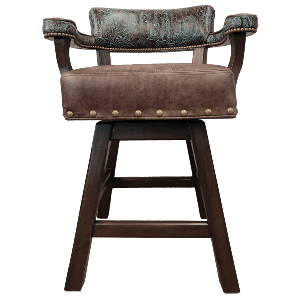 Front view of Barra 8 bar stool with chocolate leather seat and turquoise-accented backrest