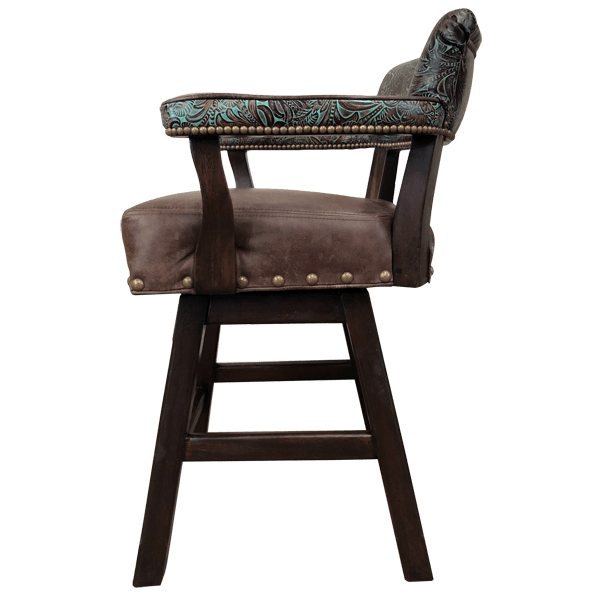 Side view of Barra 8 bar stool with turquoise leather armrest and handcrafted wood frame