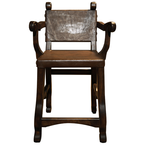 Front view of Colonial 3 bar stool with dark cowhide upholstery and carved armrests