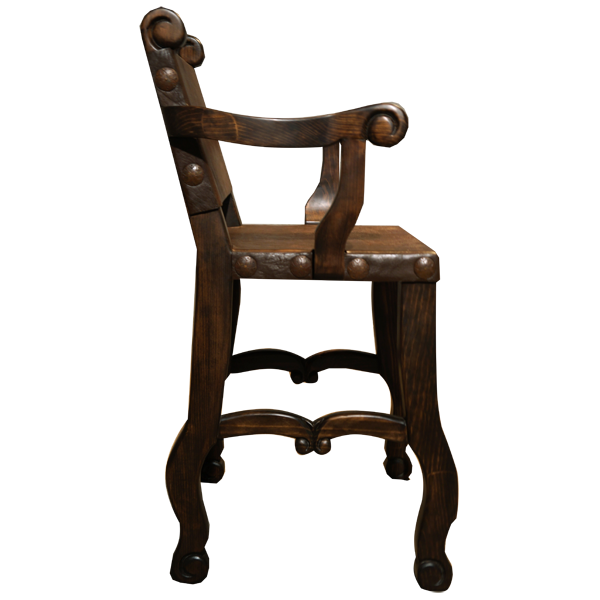 Side view of Colonial 3 bar stool with cowhide armrest and carved wood structure