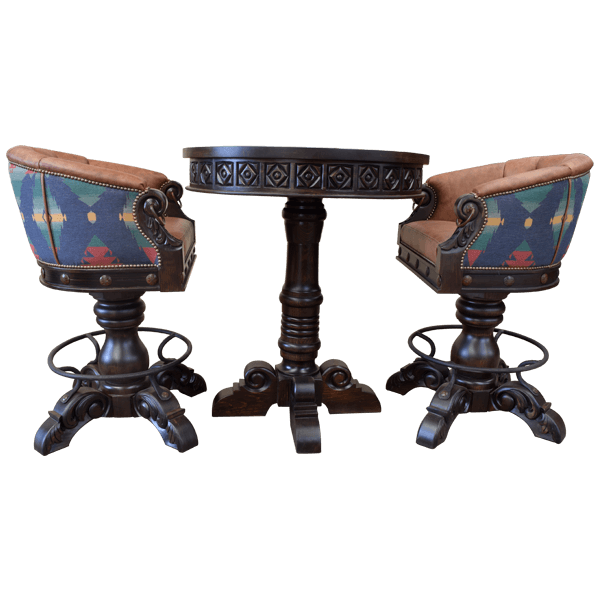 La Rocca 3 bar set with two stools and matching carved wood bar table