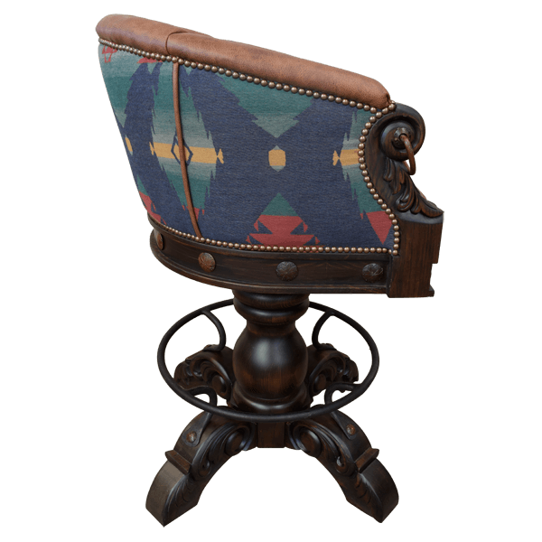 Side view of La Rocca 3 bar stool with horseshoe-shaped seat and iron conchos