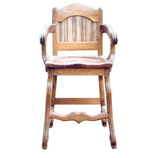 Front view of San Felipe bar stool with arched wood backrest and sunken saddle seat