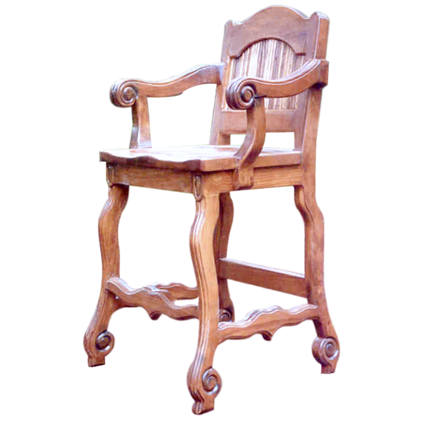 Three-quarter view of San Felipe bar stool with carved cabriole legs and wraparound stretcher