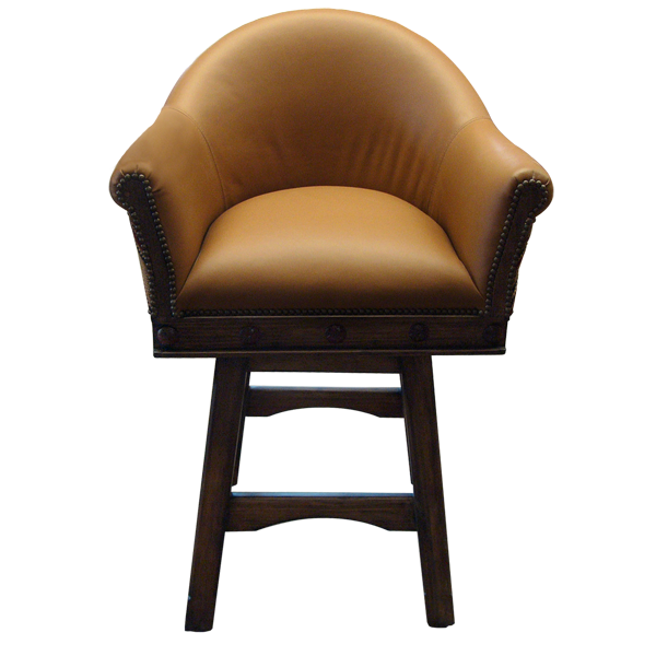 Elevated front view of Francisca bar stool with earthen leather seat and decorative nail tacks