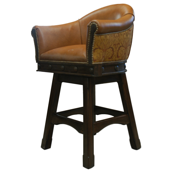 Three-quarter view of Francisca bar stool with curved footrest and horseshoe shaped seat