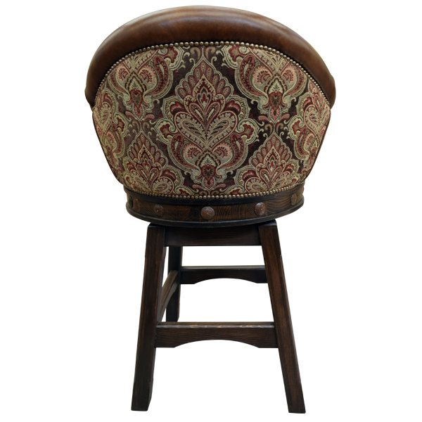 Back view of Francisca 3 bar stool with patterned fabric and iron conchos