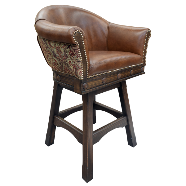 Three-quarter view of Francisca 3 bar stool with horseshoe seat and nail tack accents