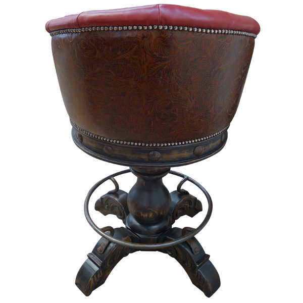 Back view of La Rocca 6 bar stool with cherry leather backrest and iron conchos