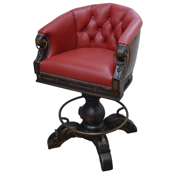 Elevated three-quarter view of La Rocca 6 bar stool with red and cherry leather upholstery
