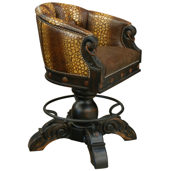 Three-quarter view of La Rocca 8 bar stool with gold and brown leather stripes and carved armrest details