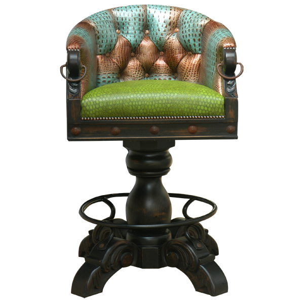 Front view of La Rocca 9 bar stool with three embossed leather types and button tufted seatback