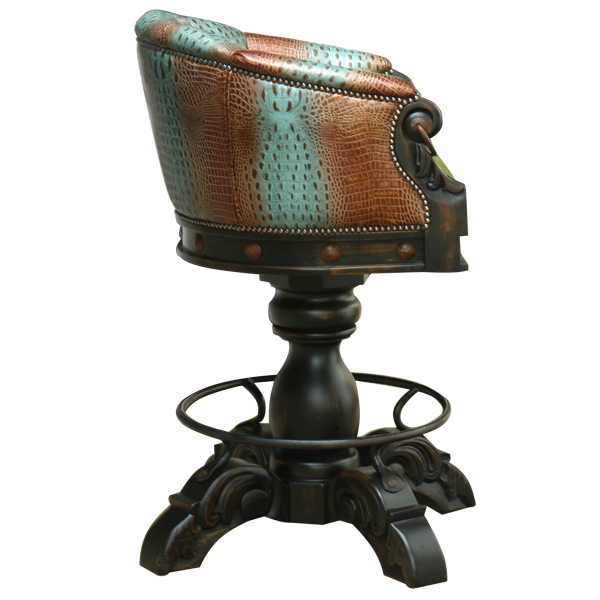 Side view of La Rocca 9 bar stool with embossed leather profile and iron conchos