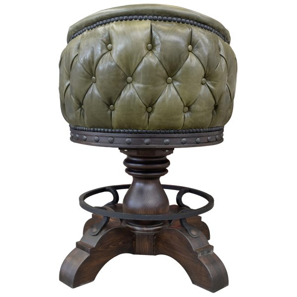 Back view of La Rocca 11 bar stool with green leather backrest and solid wood base
