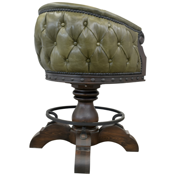 Rear three-quarter view of La Rocca 11 bar stool with button tufted green leather backrest