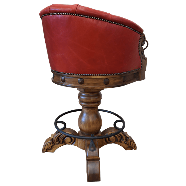 Rear three-quarter view of La Rocca 12 bar stool with button tufted red leather backrest