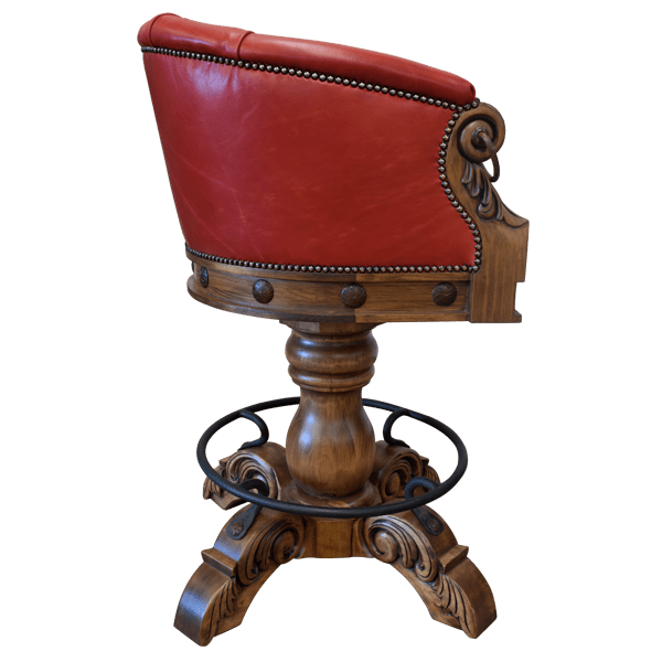 Side view of La Rocca 12 bar stool with red leather profile and circular iron footrest