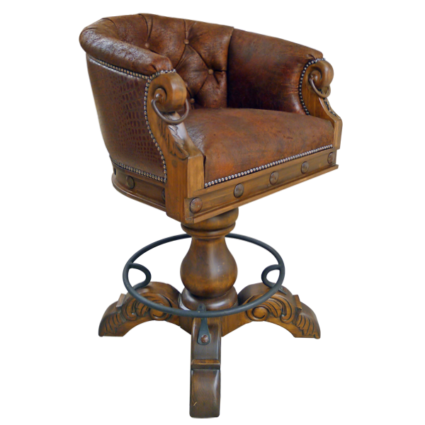 Three-quarter view of La Rocca Vaquero bar stool with button tufted brown leather seatback and smooth seat